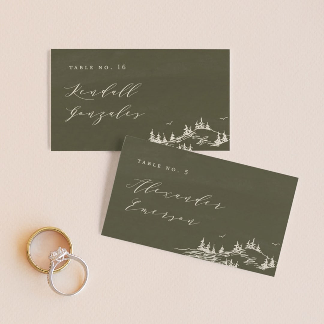 "into the mountains" - Place Cards in Olive by Helen Halik - Front with Free Guest Printing