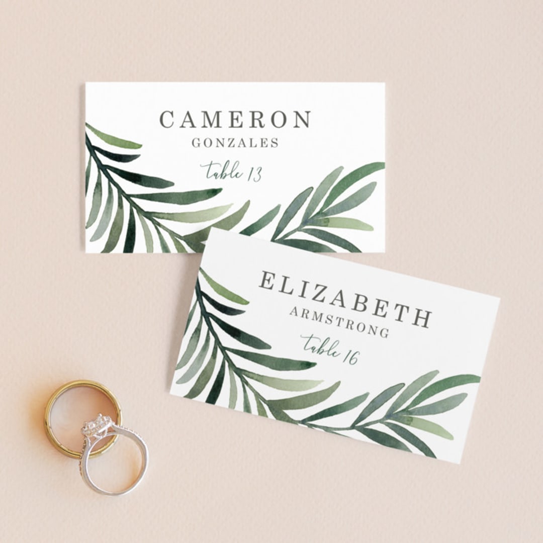 "Green leaf frame" - Place Cards in Limestone by Yaling Hou Suzuki - Front with Free Guest Printing