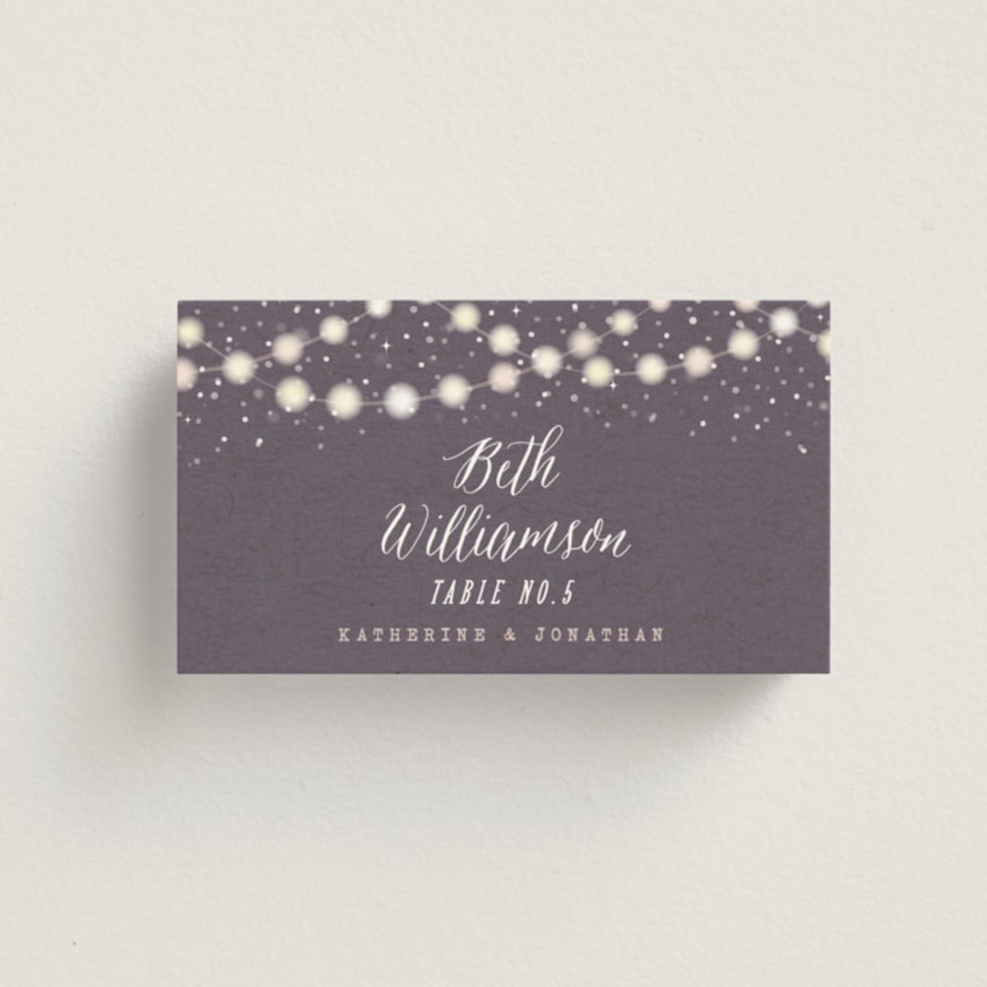 "Garden Lights" - Place Cards in Plum by Hooray Creative - Front with Free Guest Printing