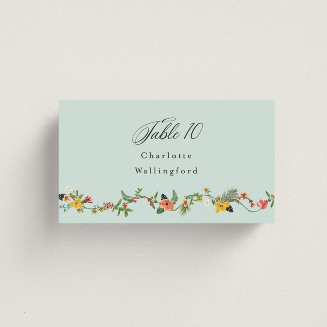 "Tropical Crest" - Place Cards in Papaya by Susan Moyal - Front with Free Guest Printing