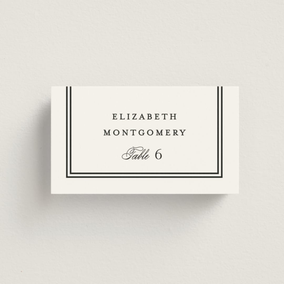 "Timeless Together" - Place Cards in Tuxedo by Carolyn MacLaren - Front with Free Guest Printing