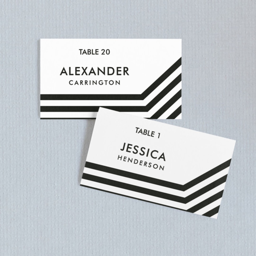 "Desenfadado" - Place Cards in Black Ink by Aspacia Kusulas - Front with Free Guest Printing