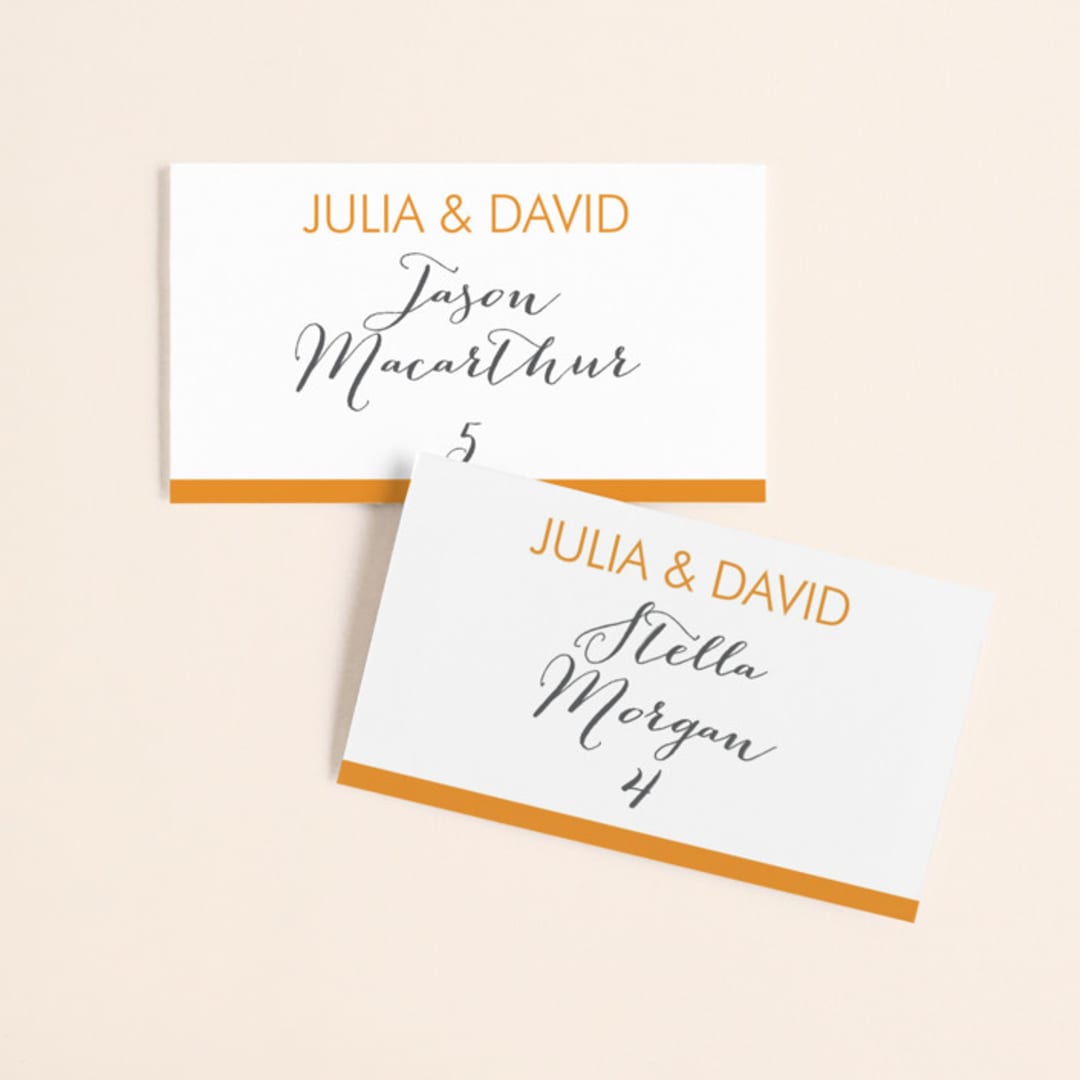 "Minimalist Display" - Place Cards in Tangerine by Nam Bourassa - Front with Free Guest Printing