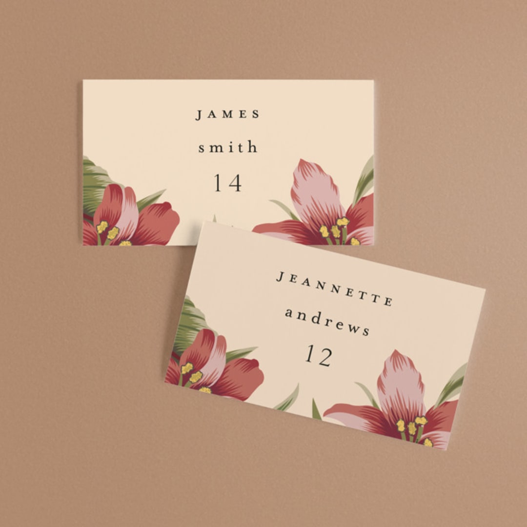 "Tropical Flowers" - Place Cards in Sunrise by Jennifer Holbrook - Front with Free Guest Printing