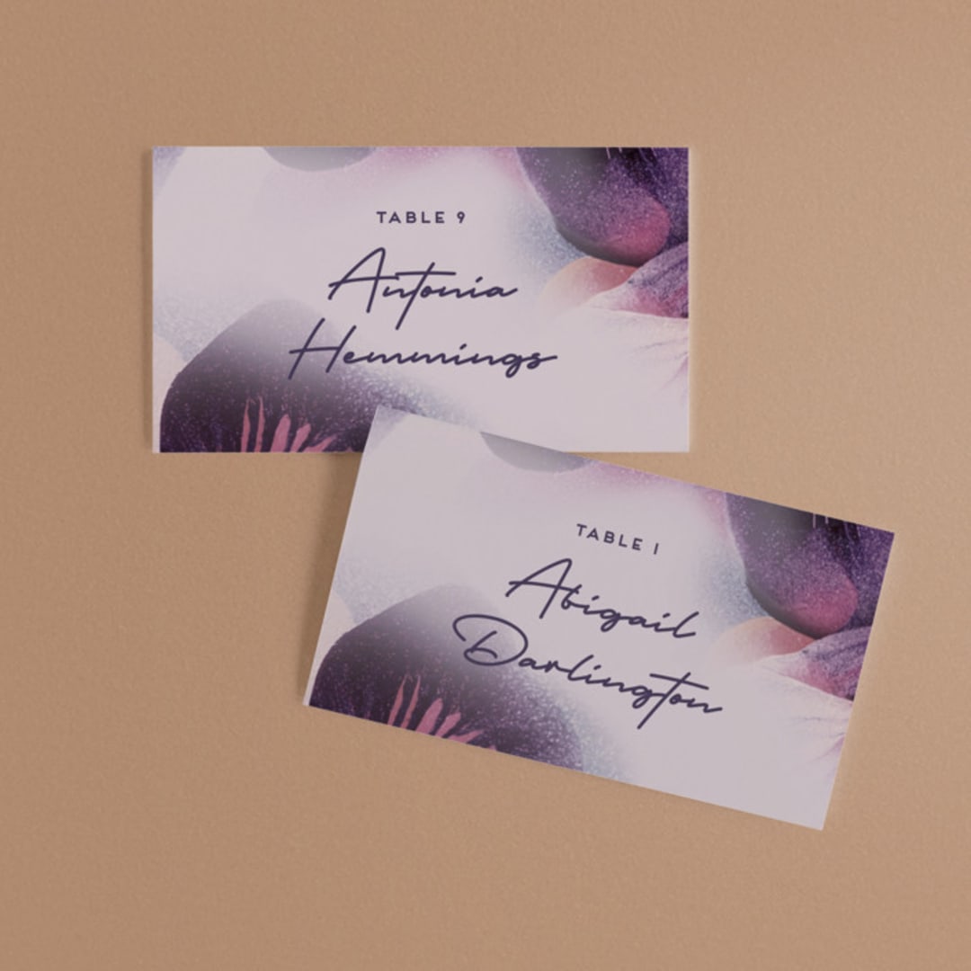 "Elisa" - Place Cards in Orchid by Simona Camp - Front with Free Guest Printing