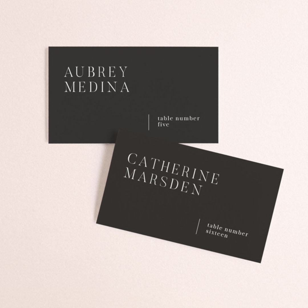 "Around the Way" - Place Cards in Slate by That Girl Press - Front with Free Guest Printing
