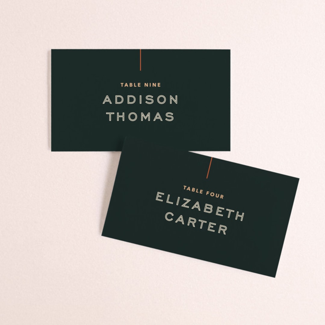 "Top to Bottom" - Place Cards in Evergreen by Kindred Fields - Front with Free Guest Printing