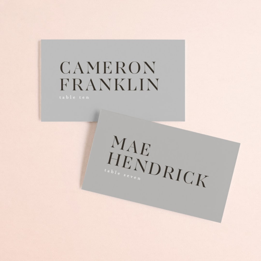 "Show" - Place Cards in Dove Gray by Up Up Creative - Front with Free Guest Printing