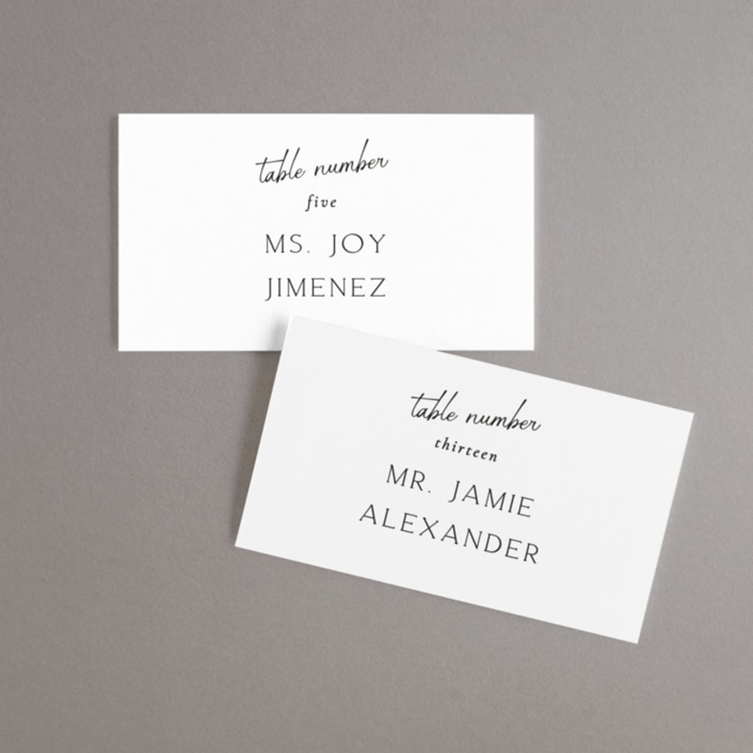 "Symphony" - Place Cards in Pearl by Jackie Mangiolino - Front with Free Guest Printing