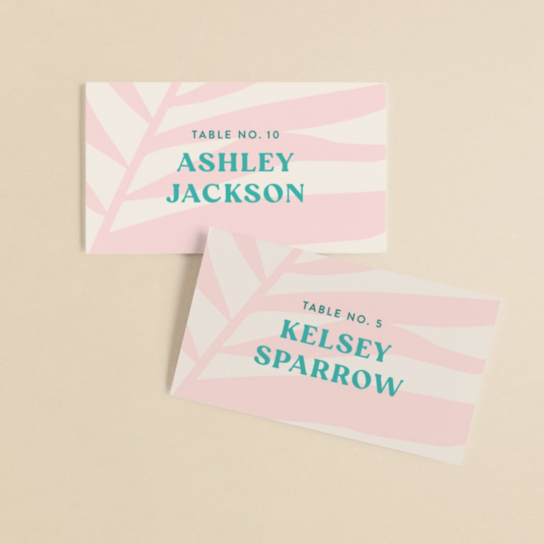 "The Palm" - Place Cards in Flamingo by Pixel and Hank - Front with Free Guest Printing