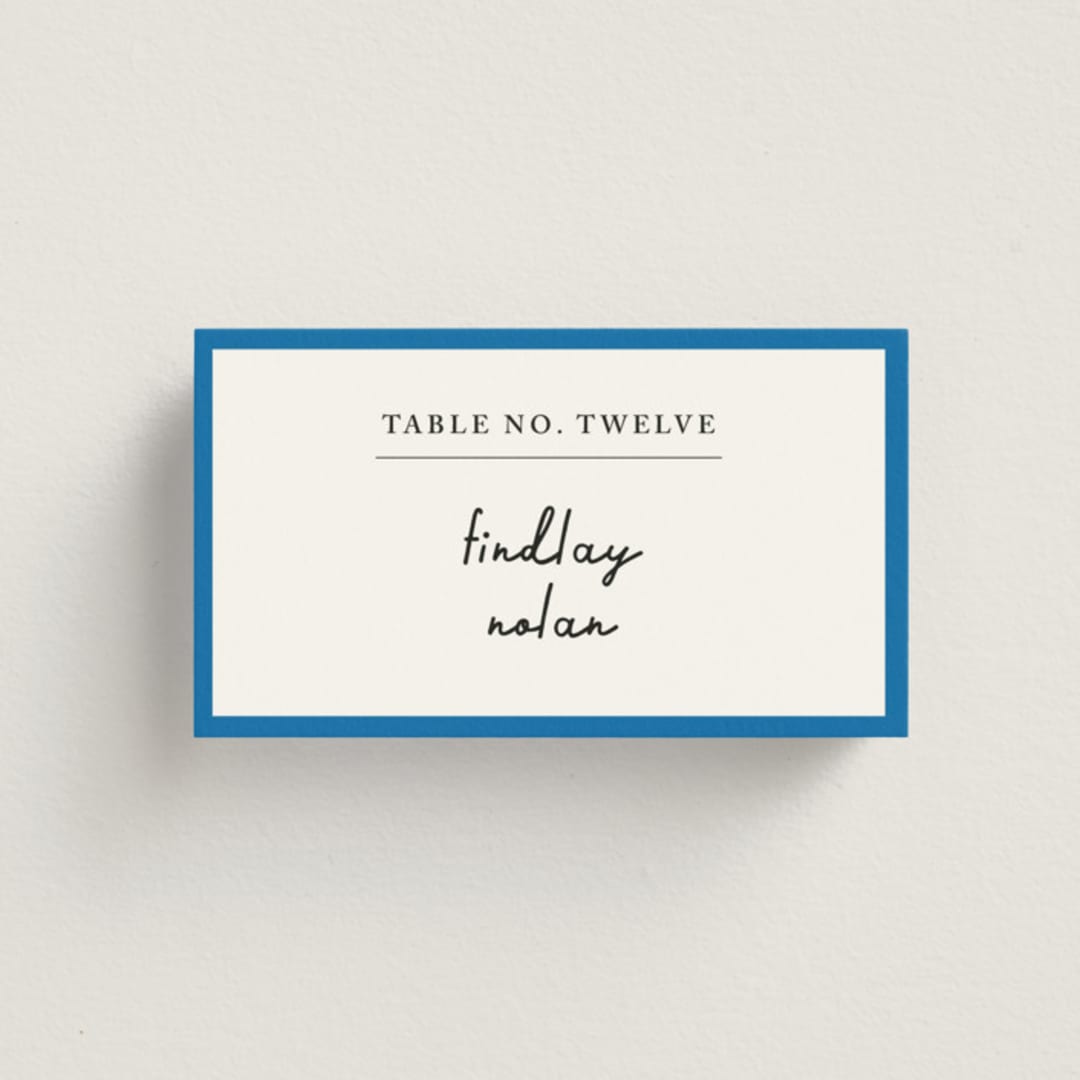 "Swirl Frame" - Place Cards in Cobalt by mo kelley - Front with Free Guest Printing