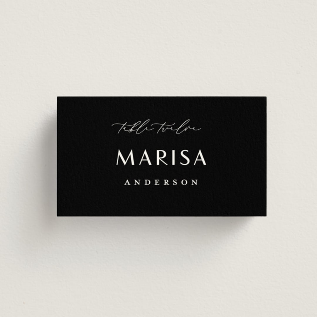"Modern Classic Names" - Place Cards in Onyx by Emily Betts - Front with Free Guest Printing