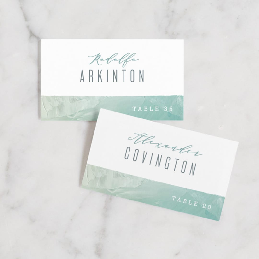 "Painted Sea" - Place Cards in Seafoam by Hooray Creative - Front with Free Guest Printing