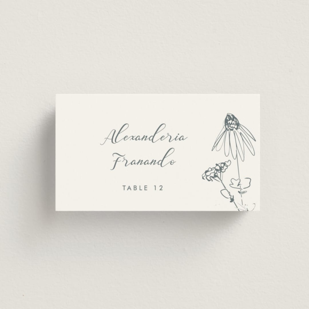"Sketched Florals" - Place Cards in Storm by Baumbirdy - Front with Free Guest Printing