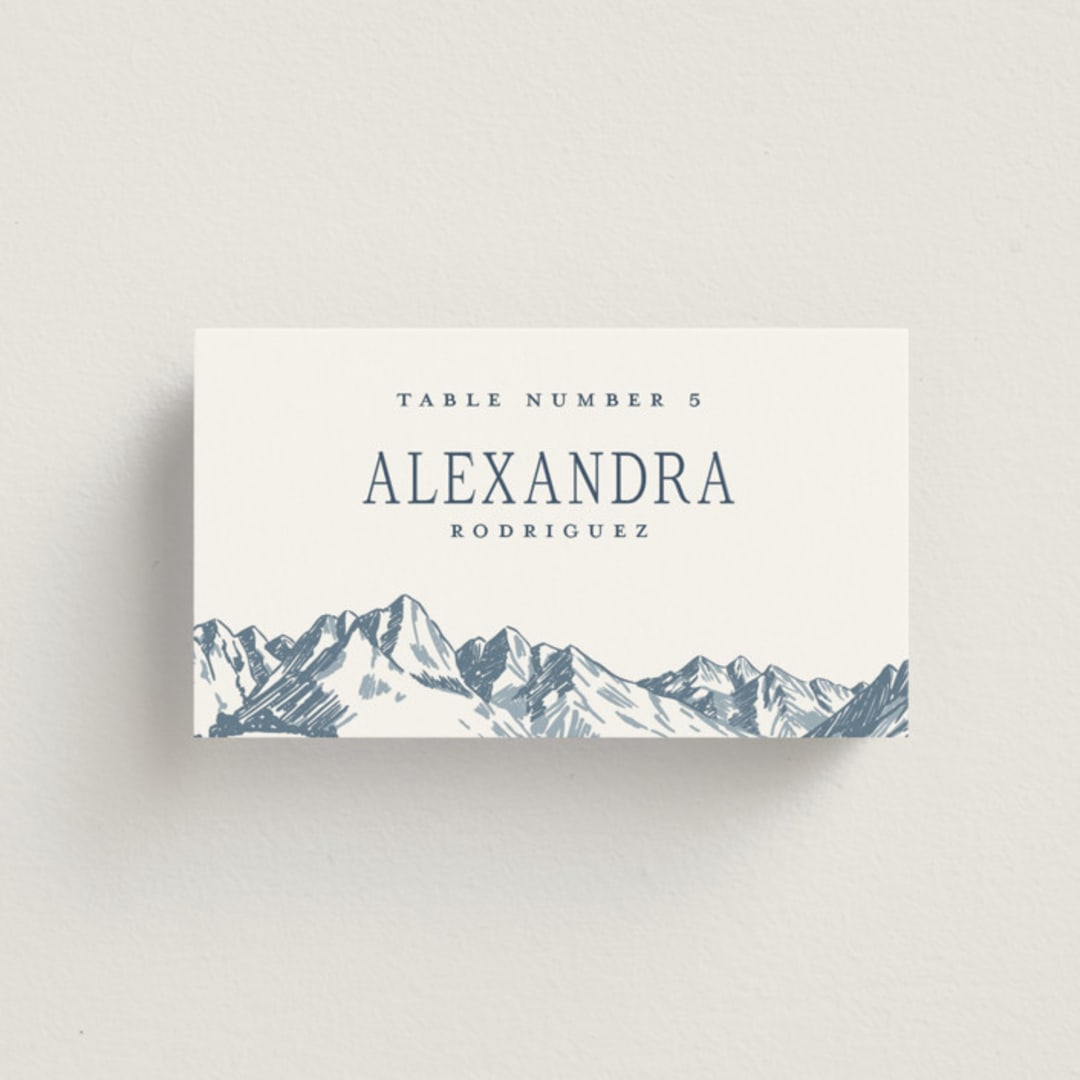 "Mountain Toile" - Place Cards in Denim by Jenna Holcomb - Front