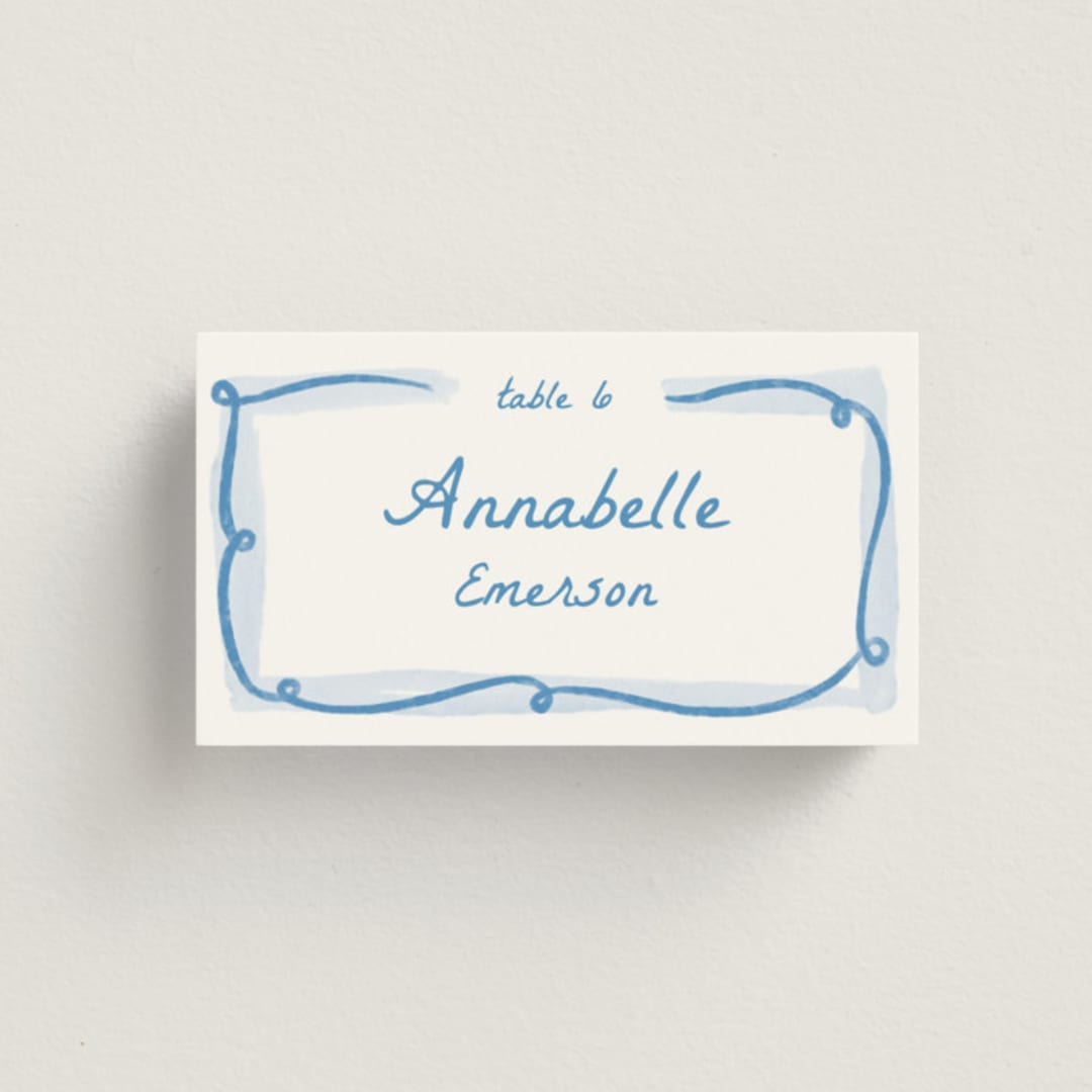 "Giardino" - Place Cards in Blu by Pati Cascino - Front with Free Guest Printing