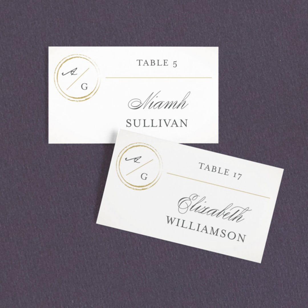 "Monogram Circle Stamp" - Place Cards in Antique White by fatfatin - Front with Free Guest Printing