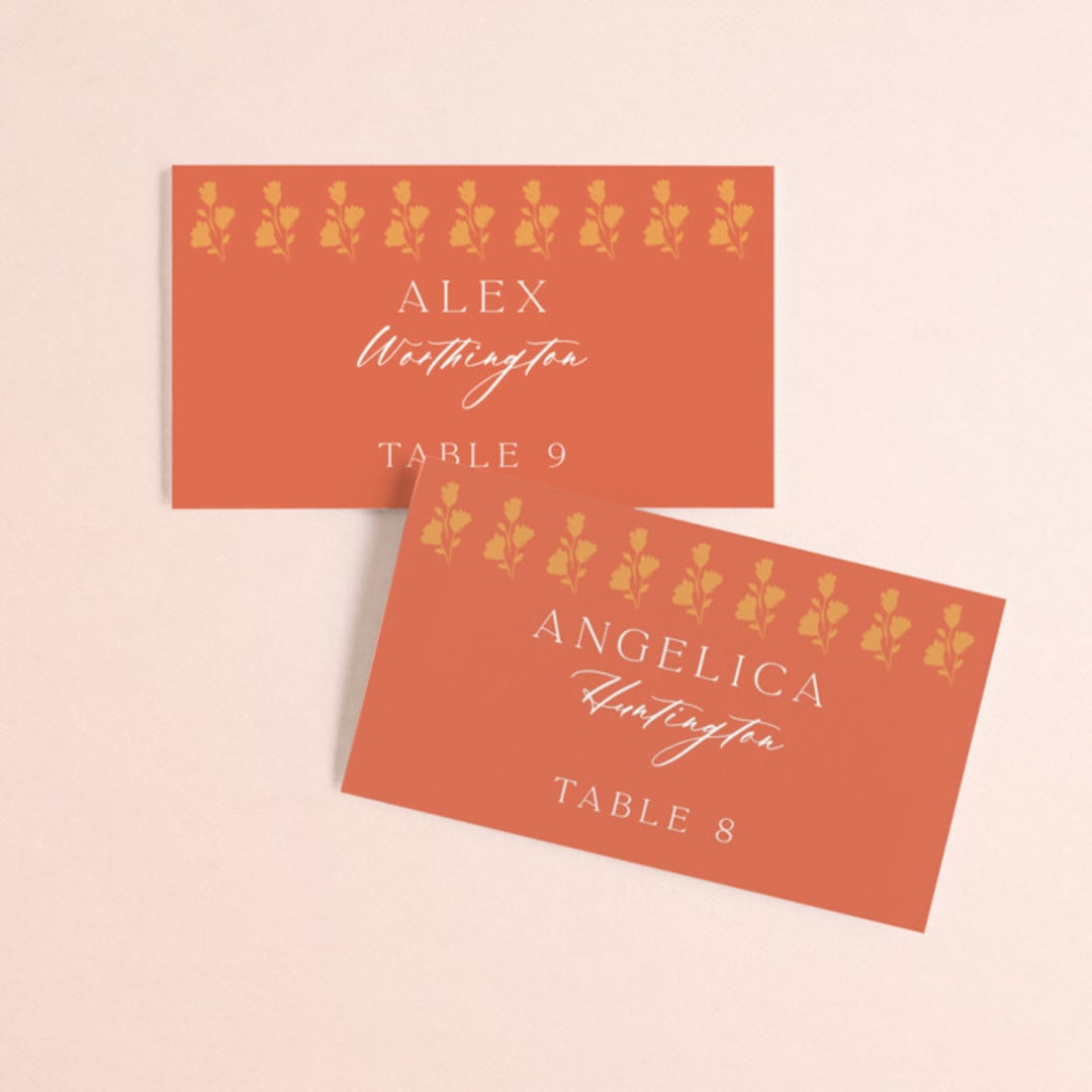 "Heritage Paisley" - Place Cards in Tangerine by Kanika Mathur - Front with Free Guest Printing