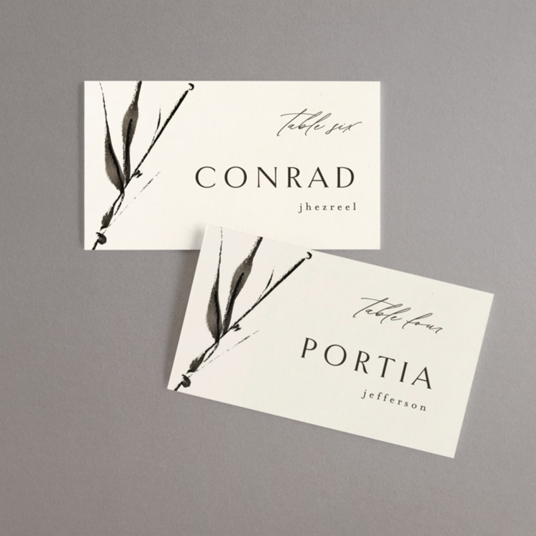 "Bambusa" - Place Cards in Almond by Anastasia Makarova - Front with Free Guest Printing