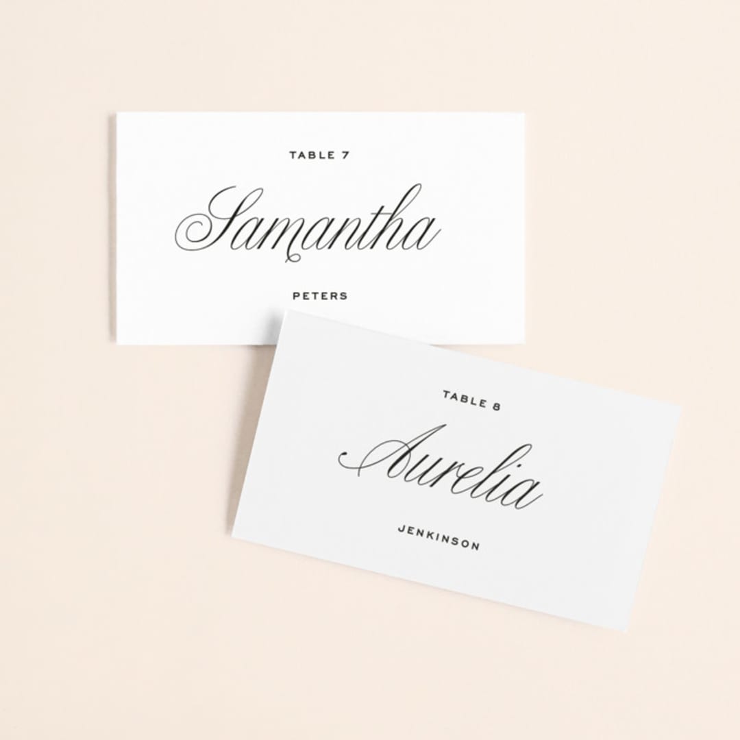 "Stacked Script" - Place Cards in Classic by Olivia Kanaley Inman - Front with Free Guest Printing