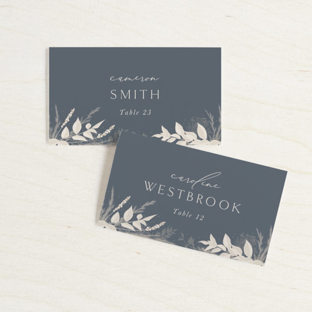 "Winter White Botanicals" - Place Cards in Slate by Erin Deegan - Front with Free Guest Printing