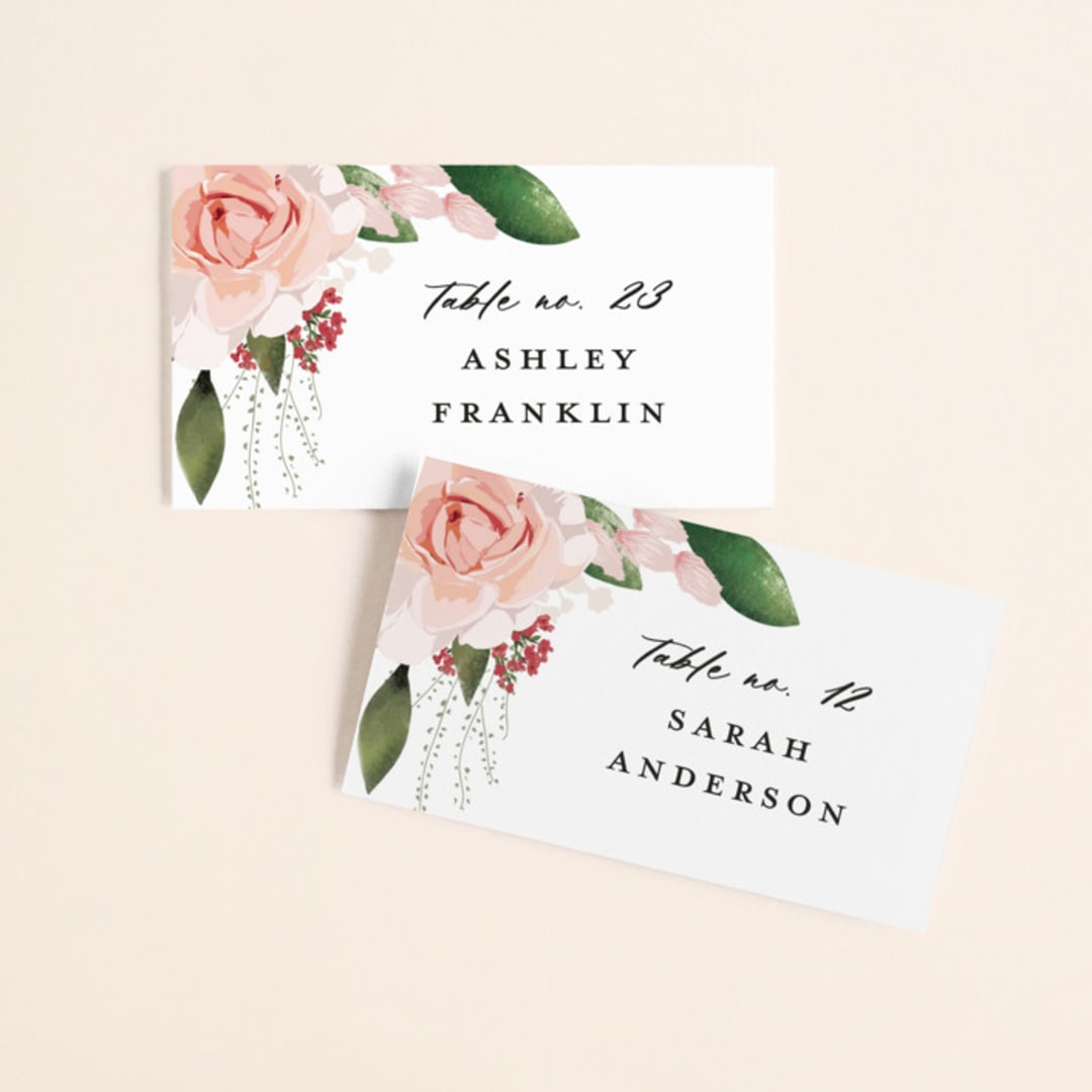 "Blossom" - Place Cards in Blush by Susan Moyal - Front with Free Guest Printing