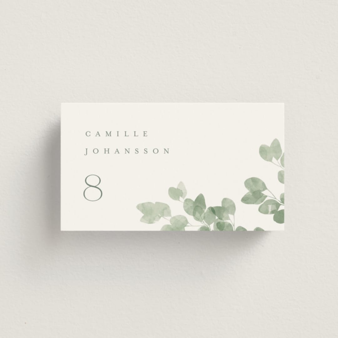 "Vining" - Place Cards in Eucalyptus by Kristie Kern - Front with Free Guest Printing