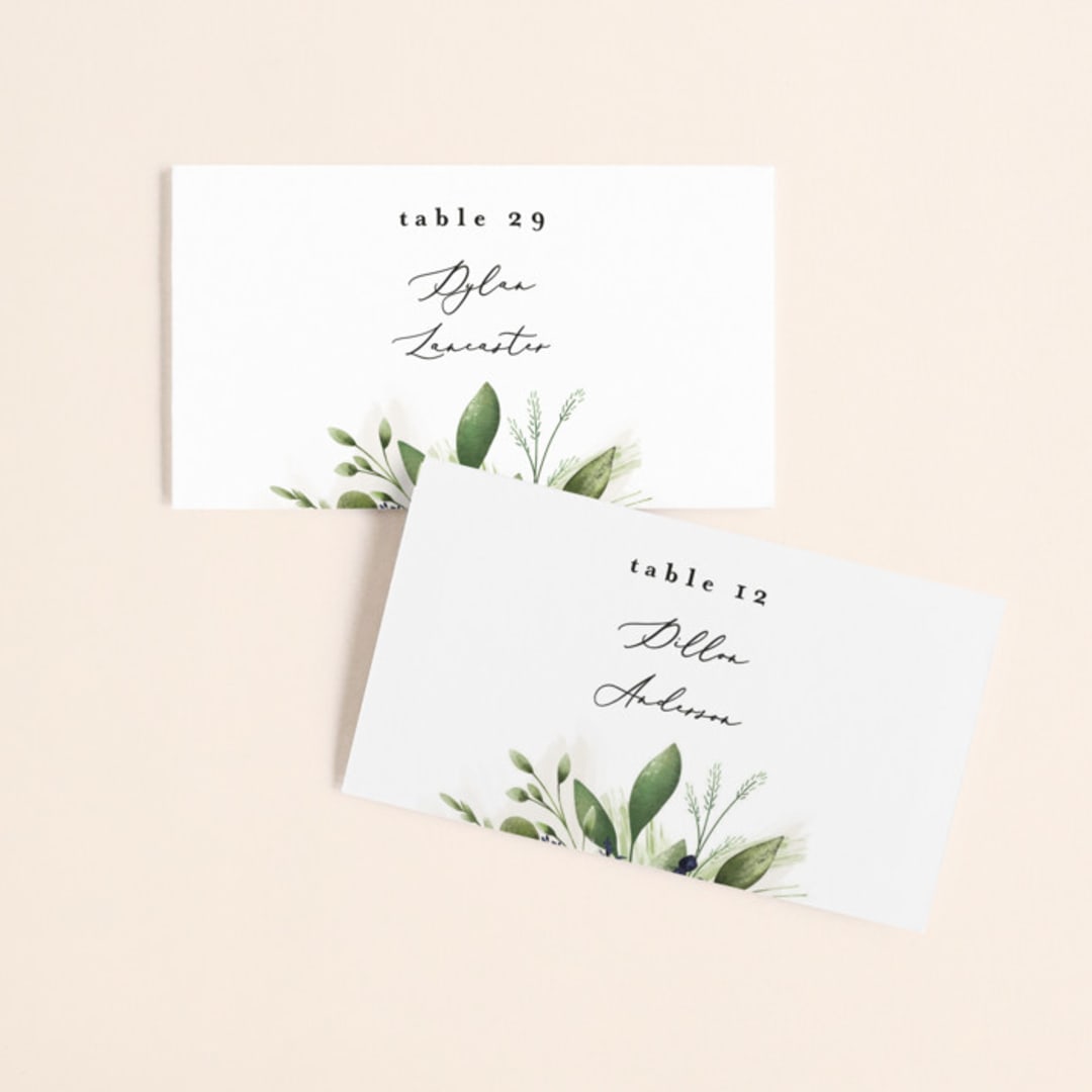 "Greenery Banner" - Place Cards in Navy by Susan Moyal - Front with Free Guest Printing