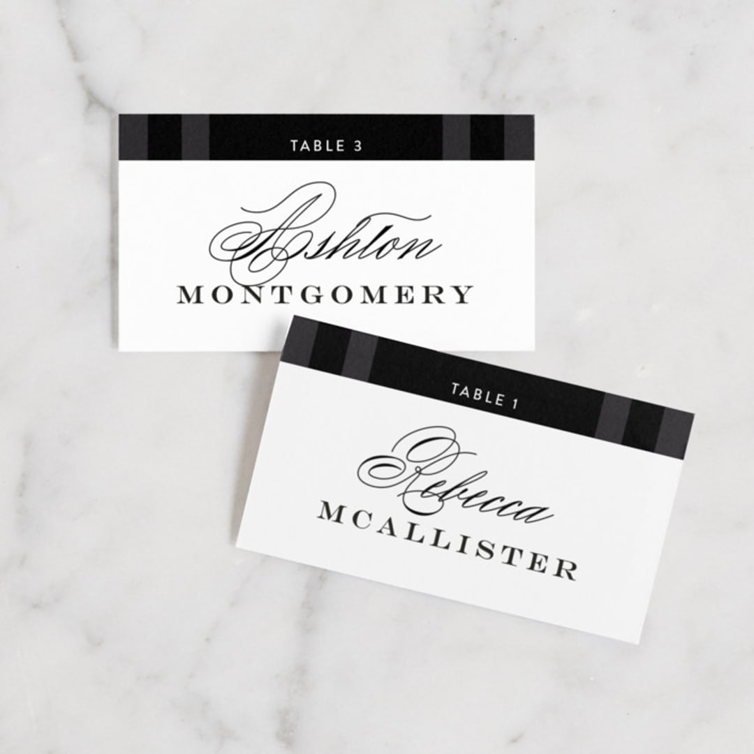 "Wedding Plaid" - Place Cards in Obsidian by Jill Means - Front with Free Guest Printing