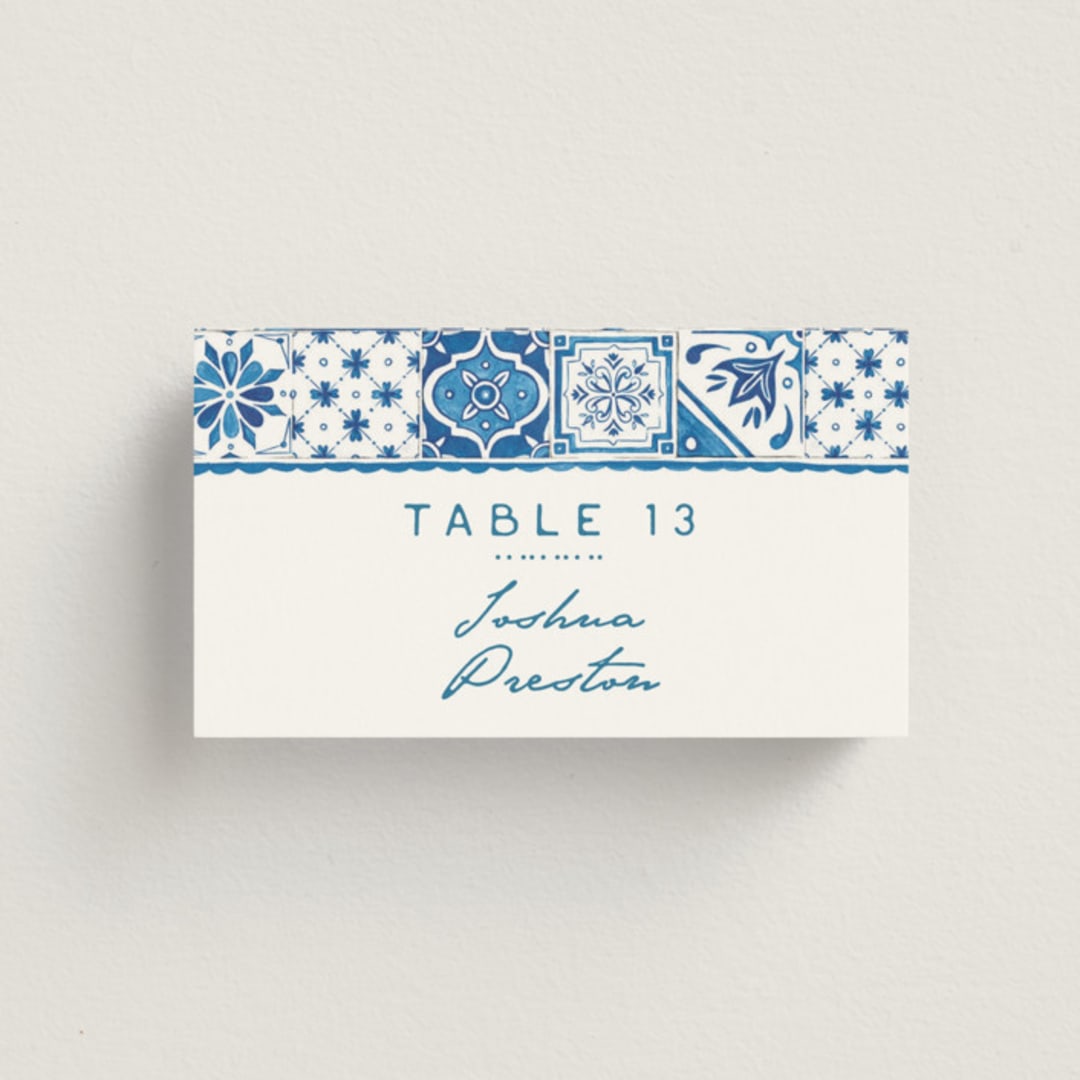 "watercolor tile" - Place Cards in Navy by Anastasia Makarova - Front with Free Guest Printing
