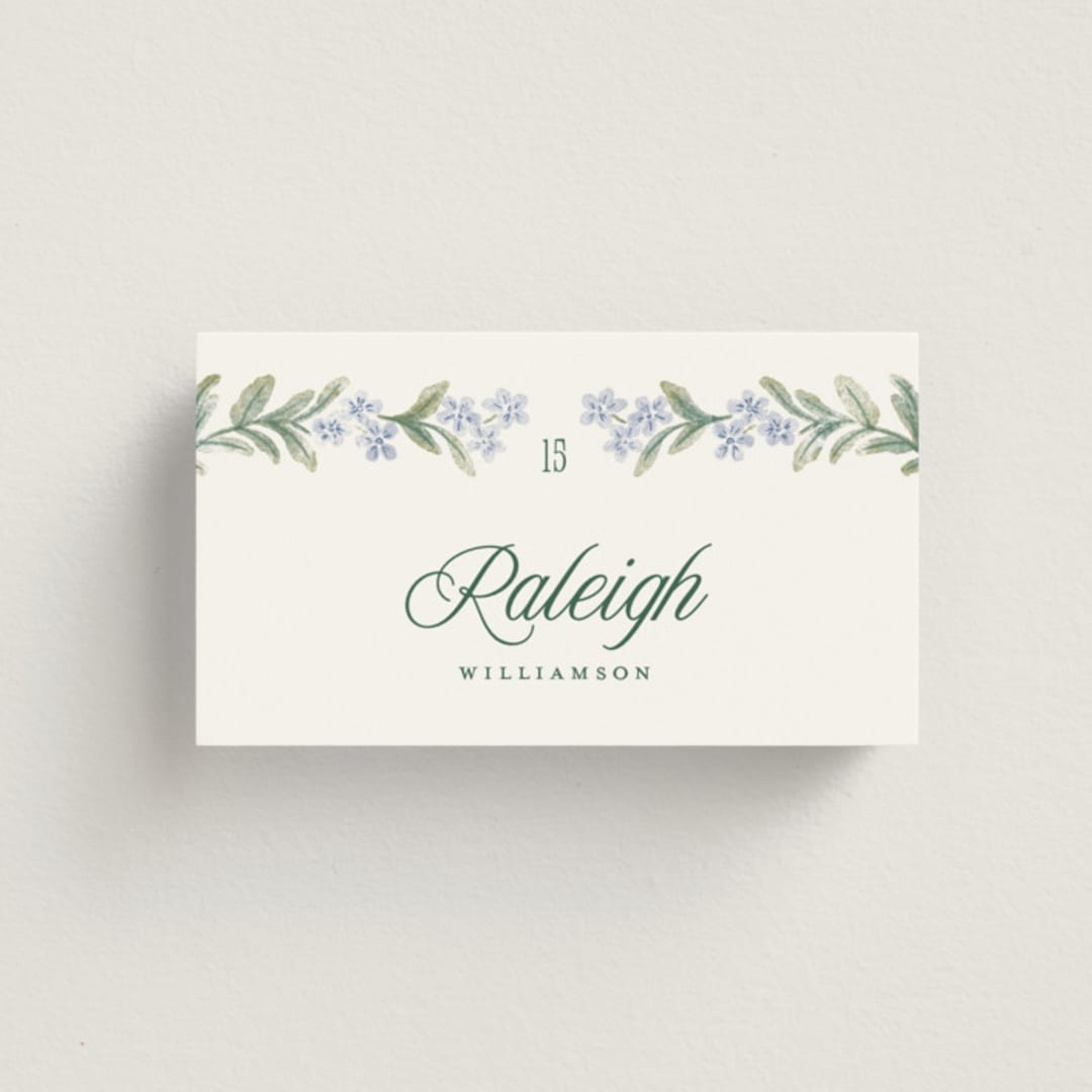 "Vintage Sketched" - Place Cards in Wisteria by Jenna Holcomb - Front with Free Guest Printing