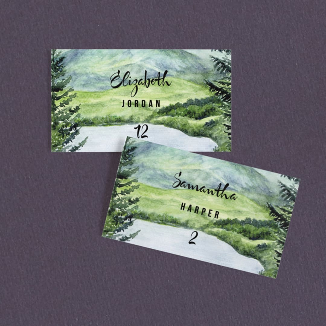 "Into the Woods" - Place Cards in Forest by Elly - Front with Free Guest Printing