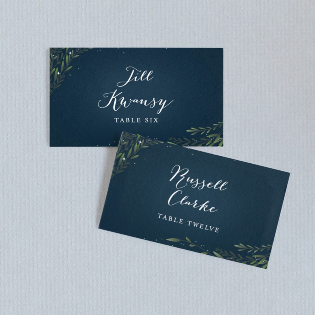 "Dreamkeeper" - Place Cards in Midnight by Jennifer Postorino - Front with Free Guest Printing