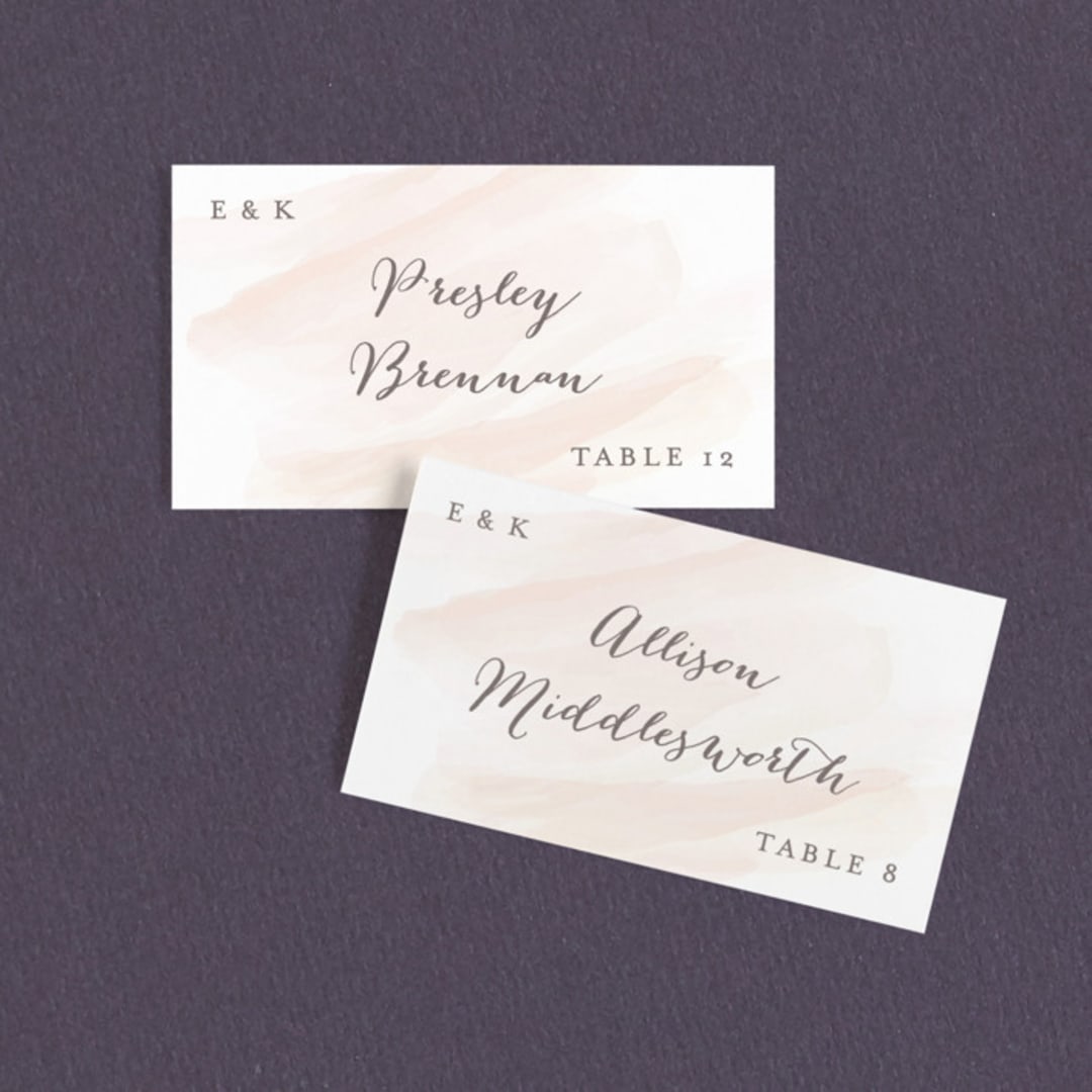 "Sophisticated script" - Place Cards in Blush by Hooray Creative - Front with Free Guest Printing