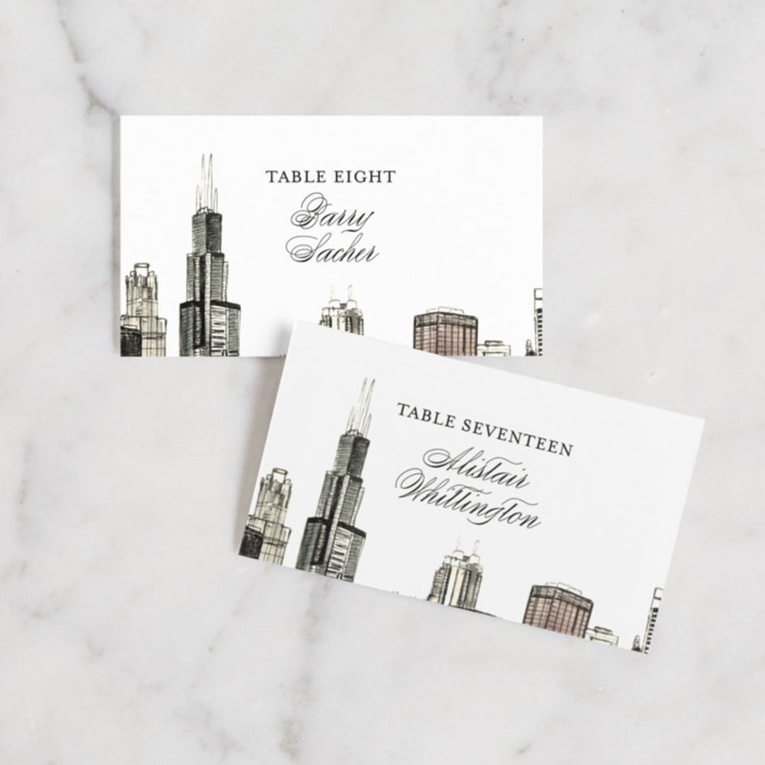 "Windy City" - Place Cards in Antique by Turner de Feria - Front with Free Guest Printing
