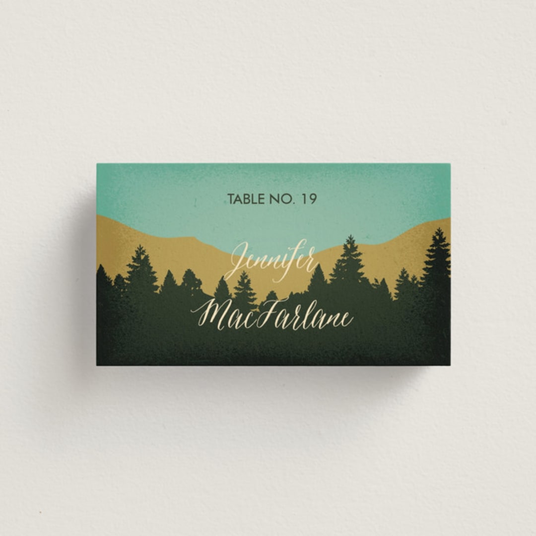 "Mountain View" - Place Cards in Forest by Nam Bourassa - Front with Free Guest Printing
