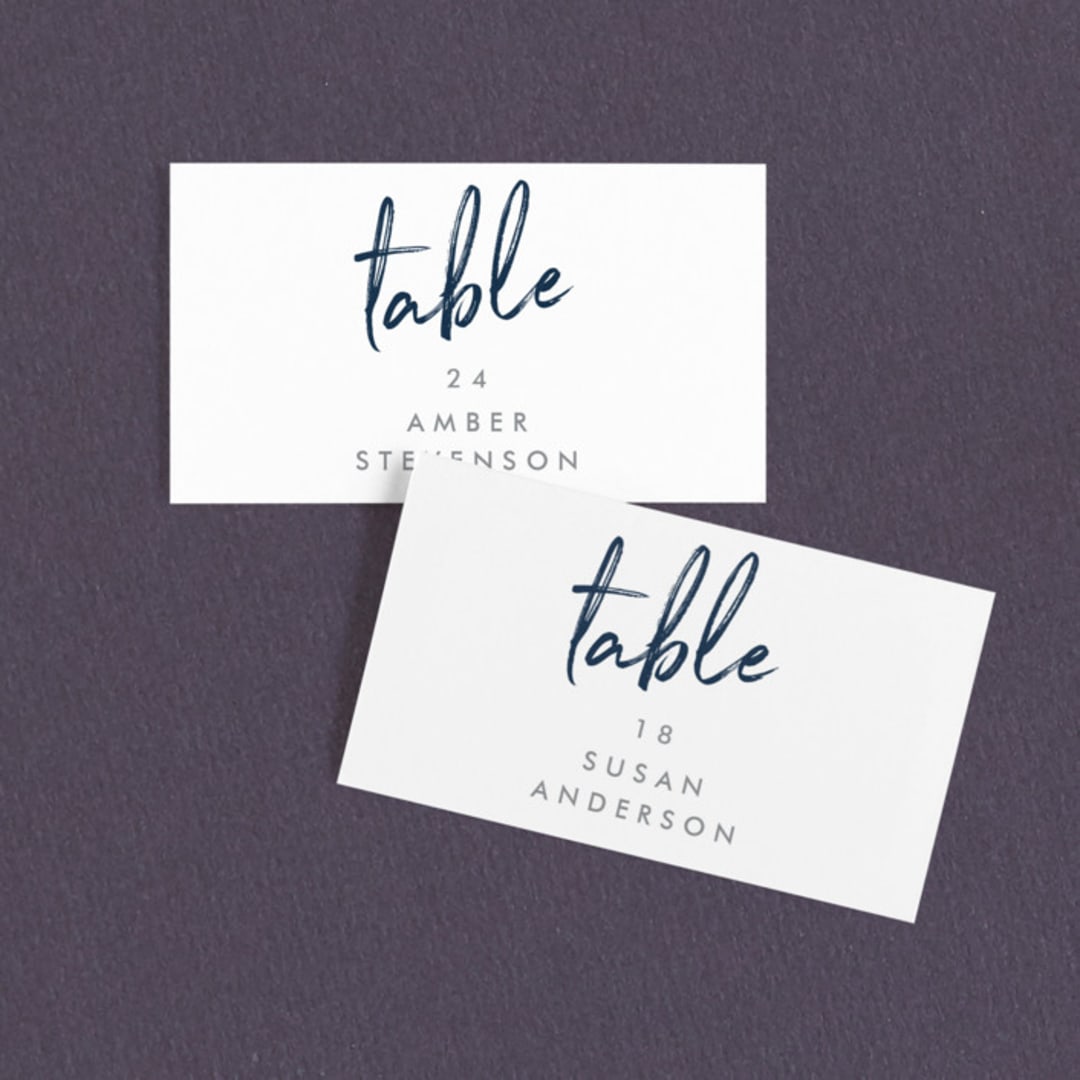 "Funky Names" - Place Cards in Navy by Phrosné Barwood - Front with Free Guest Printing