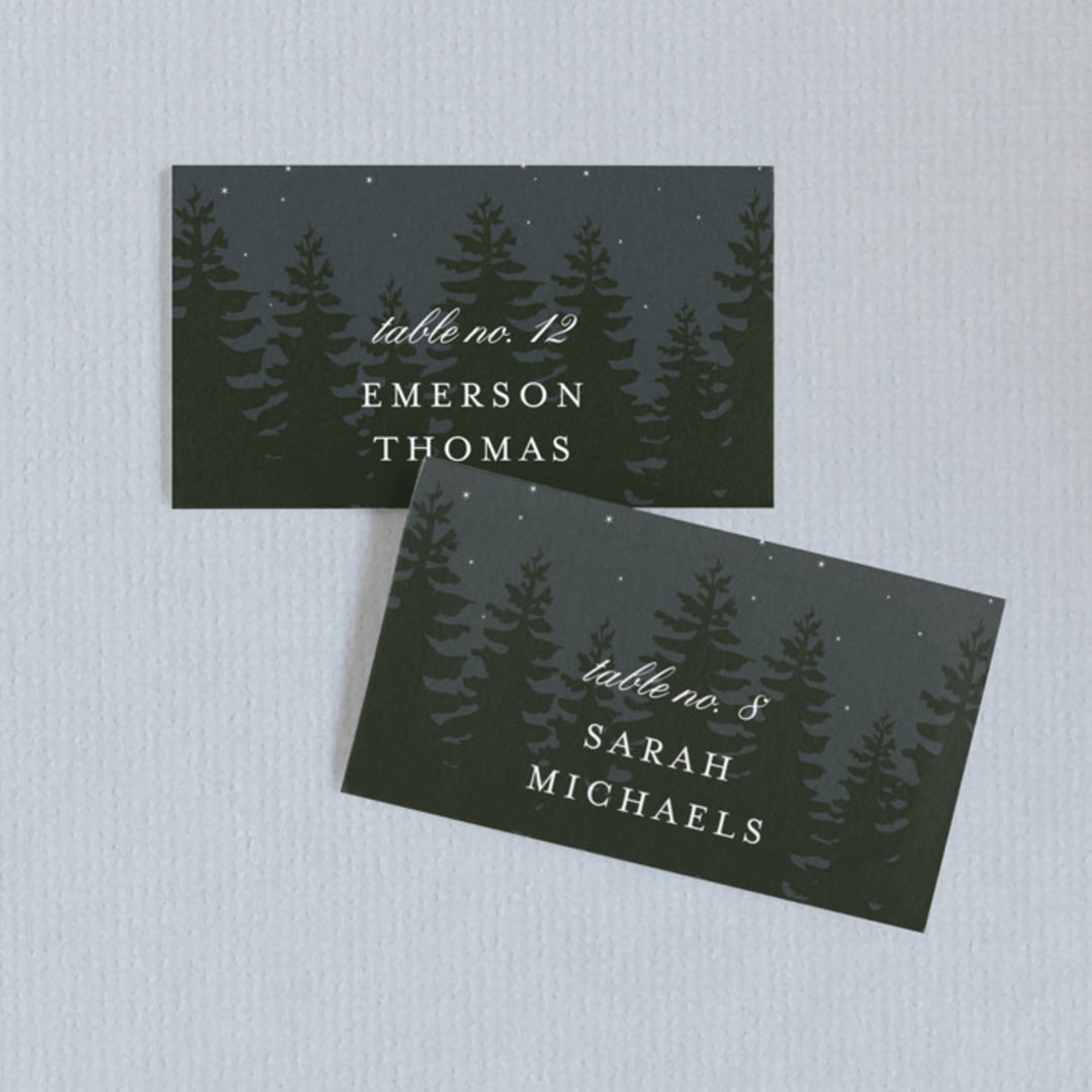 "Enchanted Forest" - Place Cards in Amaranth by Susan Moyal - Front with Free Guest Printing