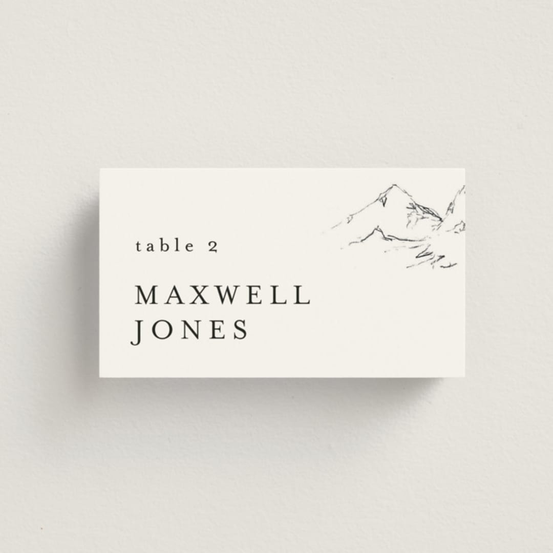 "Sketched Mountains" - Place Cards in Snow by Mere Paper - Front with Free Guest Printing