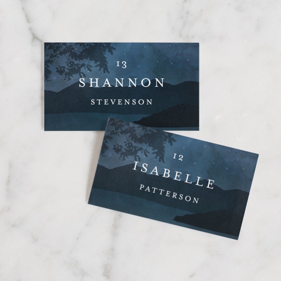 "Coastal Nights" - Place Cards in Midnight by Kelly Schmidt - Front with Free Guest Printing