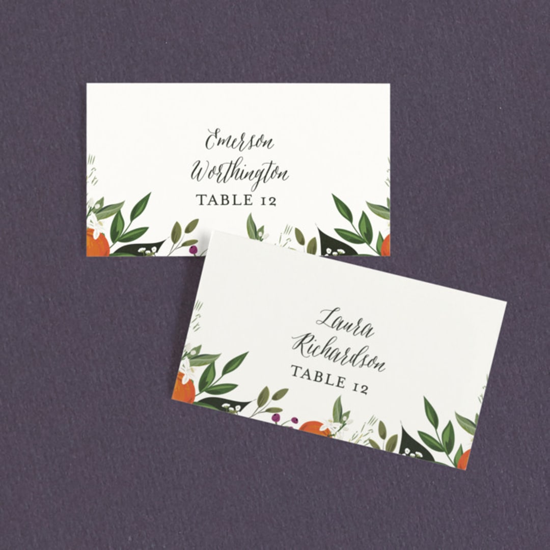 "Orange Blossoms" - Place Cards in Pearl by Susan Moyal - Front with Free Guest Printing