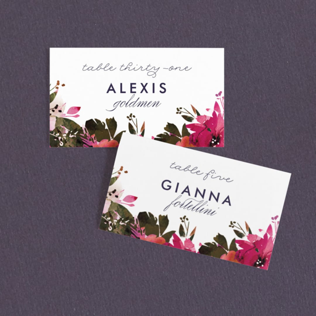 "Peeking Florals" - Place Cards in Fuchsia by Lori Wemple - Front with Free Guest Printing