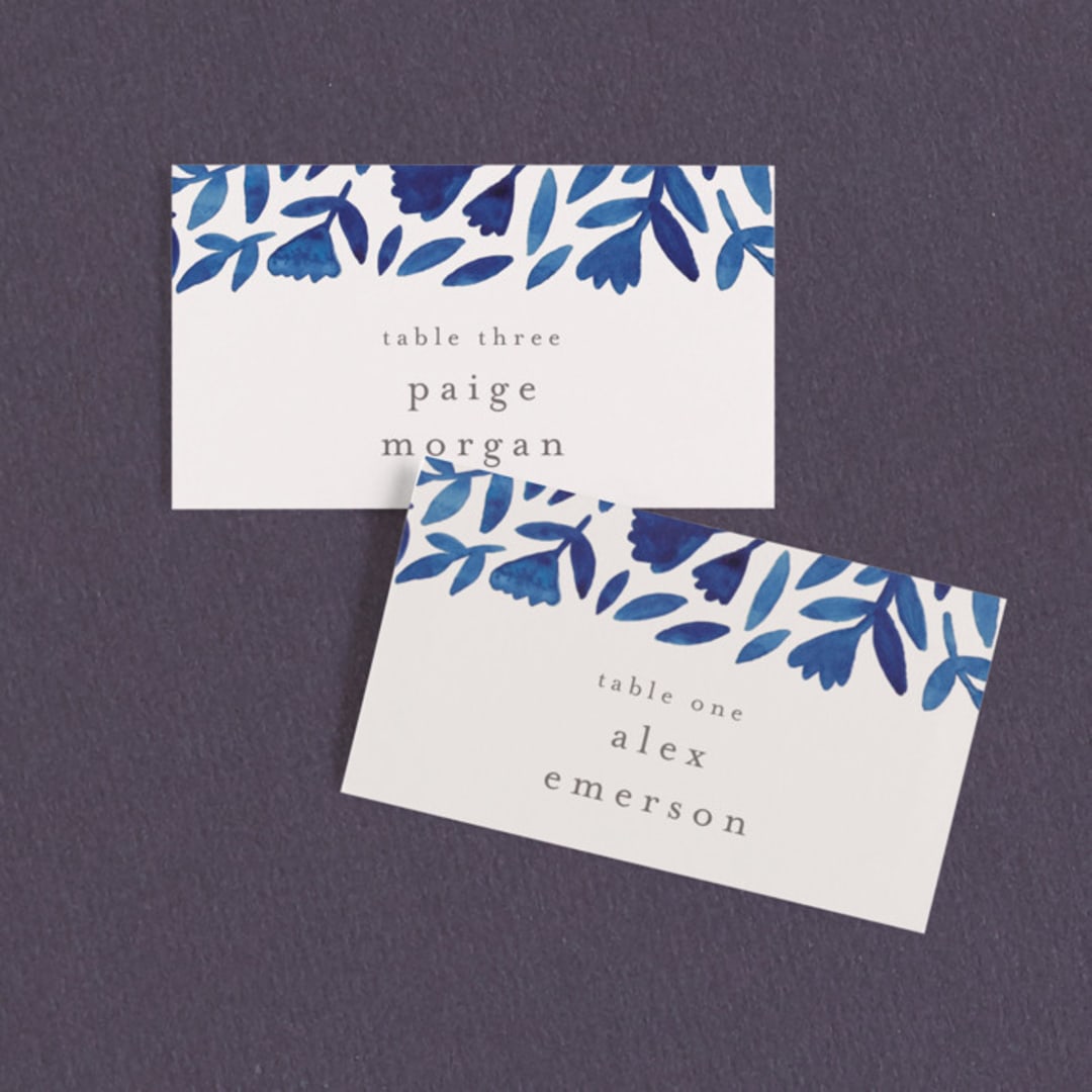 "Wildflower Floral" - Place Cards in Navy by Katharine Watson - Front with Free Guest Printing