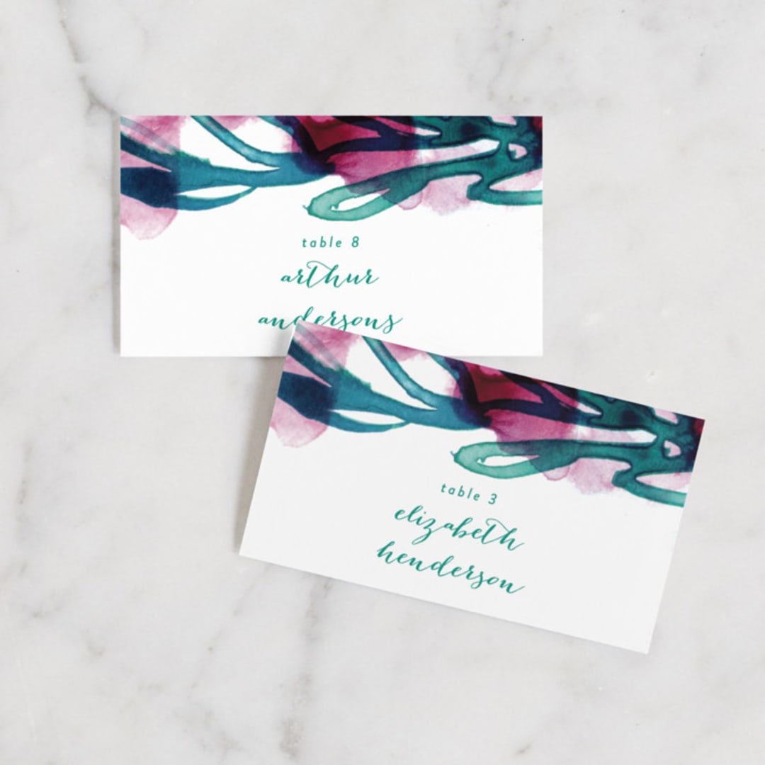 "Airy Blooms" - Place Cards in Haute Hibiscus by Simona Camp - Front with Free Guest Printing