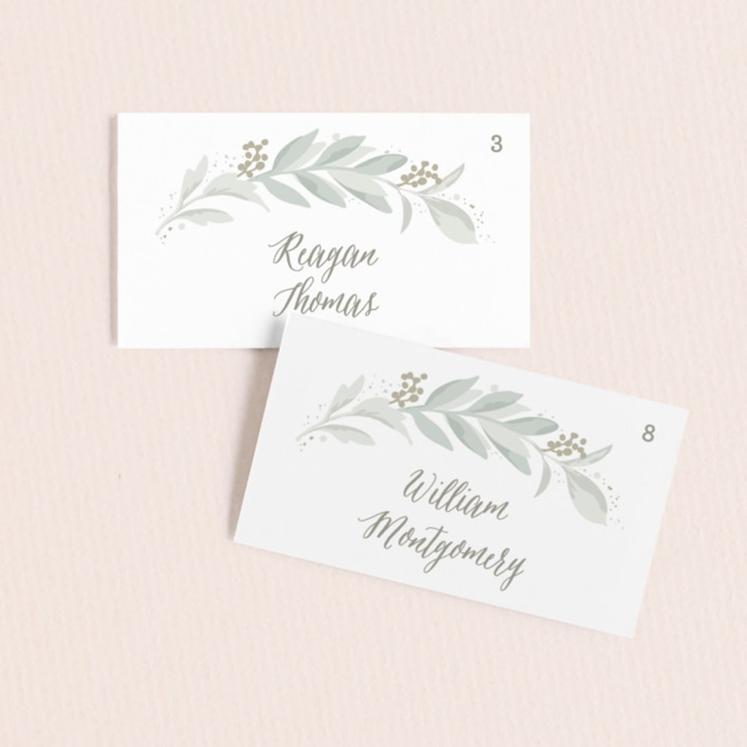 "Modern Wreath" - Place Cards in Sage by Hooray Creative - Front with Free Guest Printing