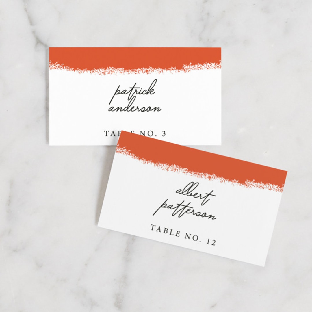 "Joyfully Ever After" - Place Cards in Tangerine by Faith Harlow - Front with Free Guest Printing