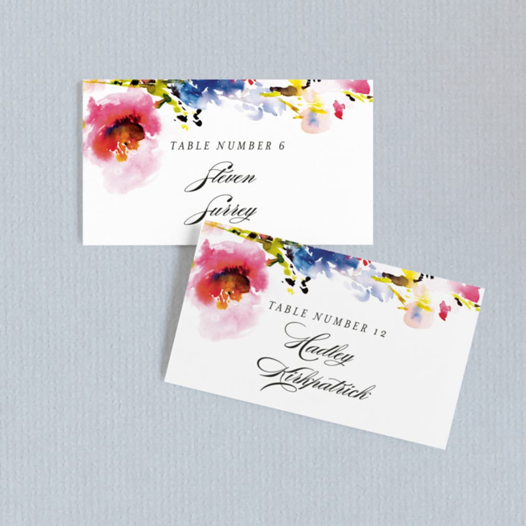 "Technicolor Flora" - Place Cards in Poppy by Angela Marzuki - Front with Free Guest Printing