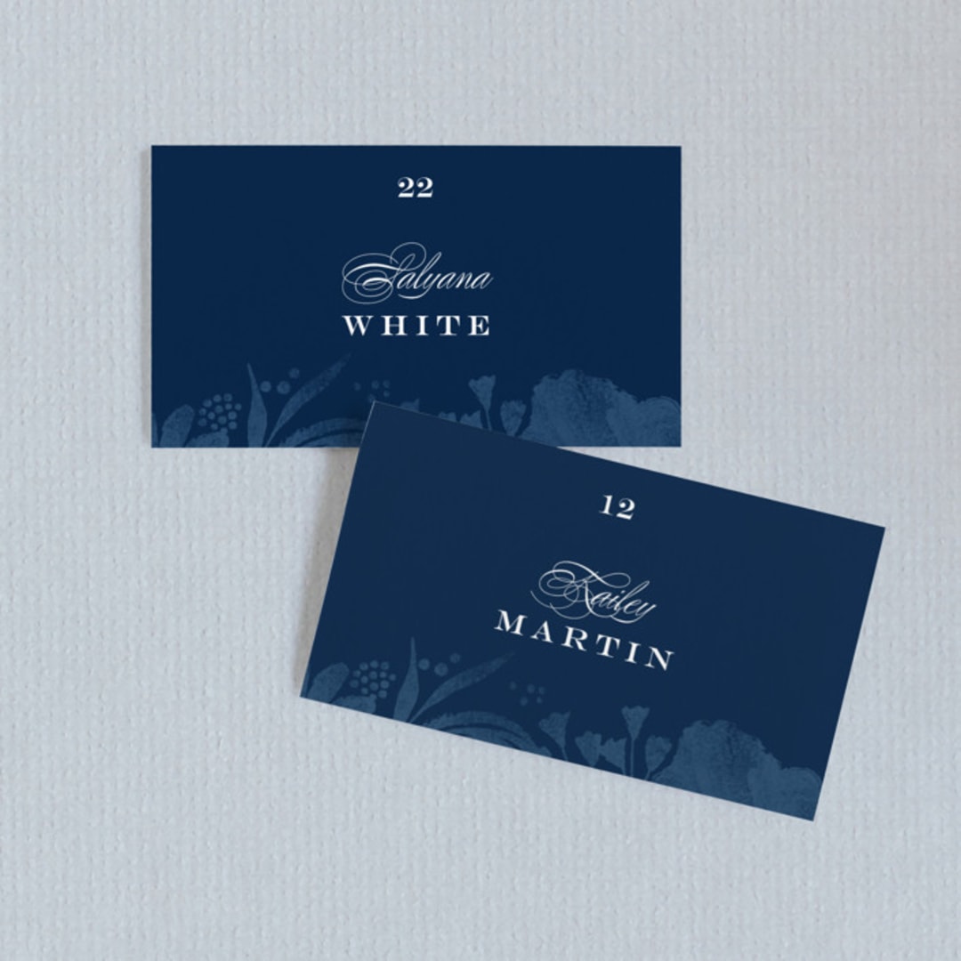 "Floral screenprint" - Place Cards in Navy by Jennifer Wick - Front with Free Guest Printing
