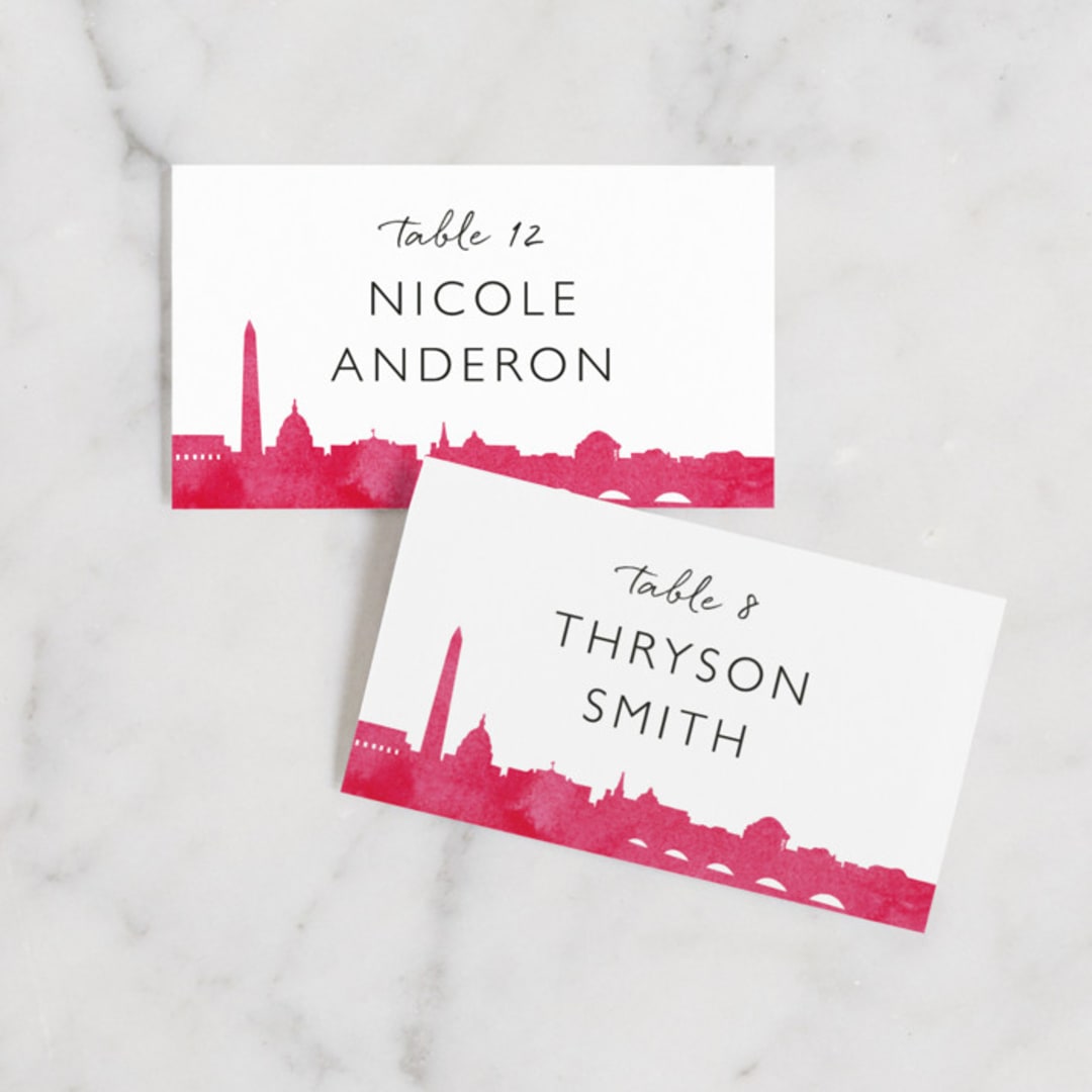 "Skyline - Washington DC" - Place Cards in Magenta by Laura Condouris - Front with Free Guest Printing