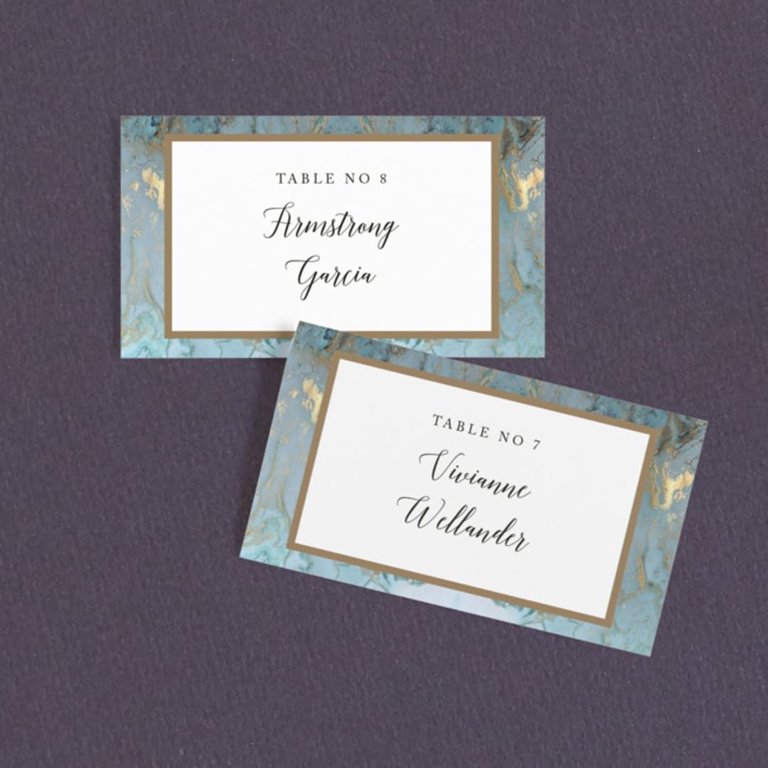 "Something Blue" - Place Cards in Aqua by Benita Crandall - Front with Free Guest Printing